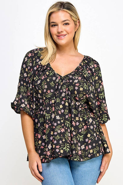 Plus Size Floral Babydoll Ballon Slv Top NK18349-T