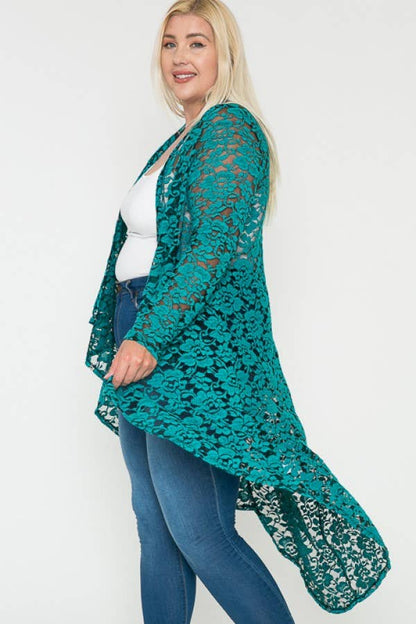 Plus Size Floral Lace Ruffle Long Sleeve Maxi Cardigan