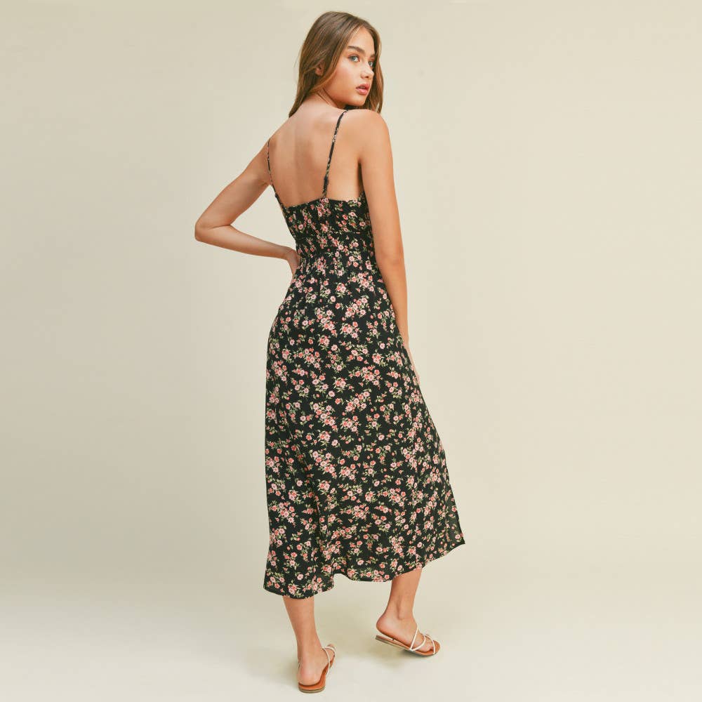 FLORAL PRINT WITH FRONT SLITS WOVEN CAMI MIDI DRESS