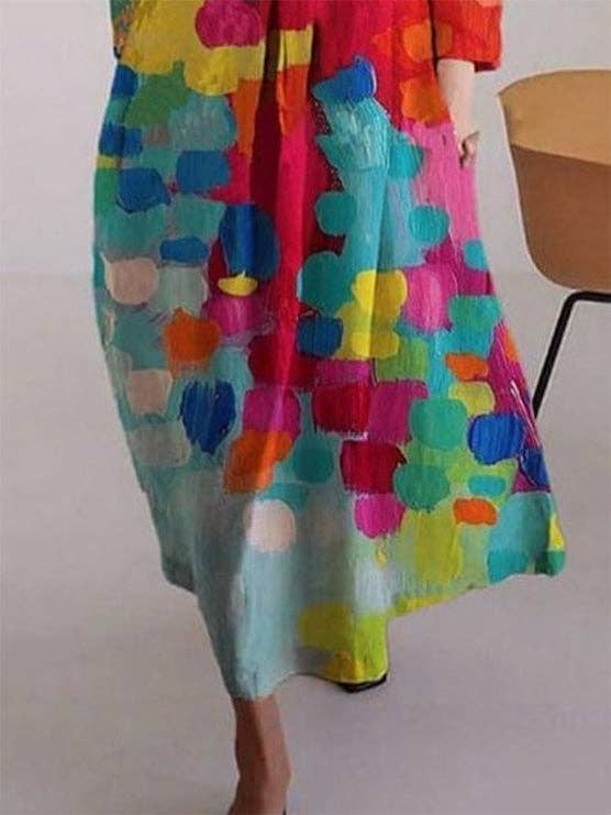 Colorful Contrast Color Printed Loose Round-Neck Midi Dresse