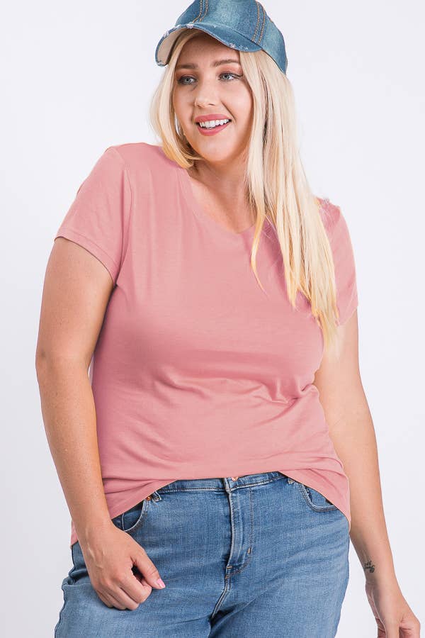 Plus Size V Neck Basic Short Sleeve Solid Tee Cotton Top