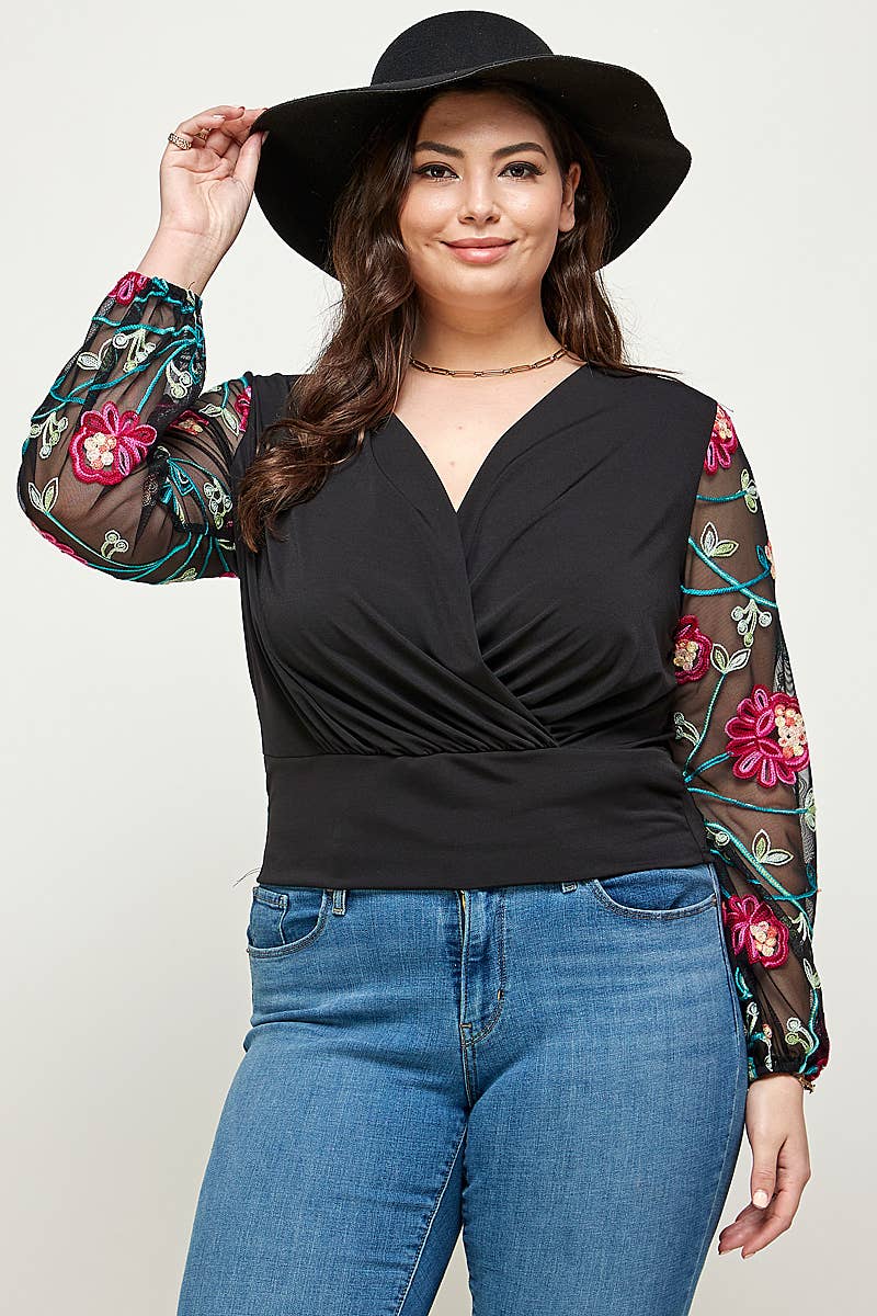 Plus Size Floral Embroidered Sleeve Wrap Top KY17860-4T