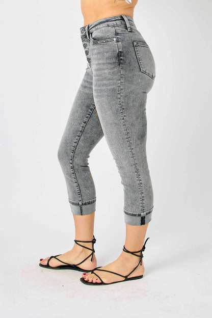 Judy Blue High Waist Grey Cuffed Button Fly Capri