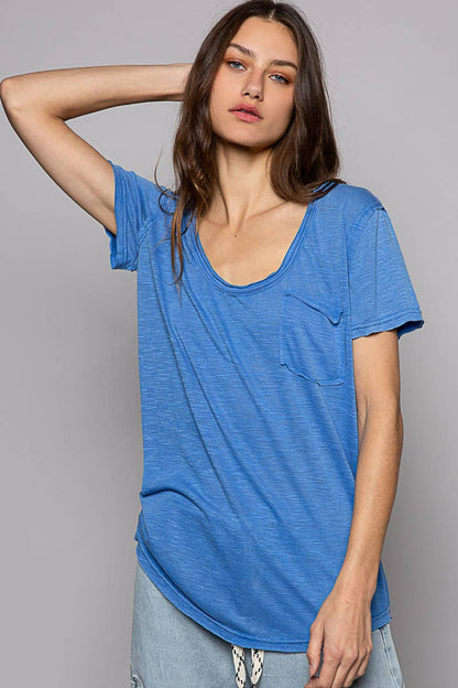 Scoop neck rayon slub pocket front short sleeve tee SALE