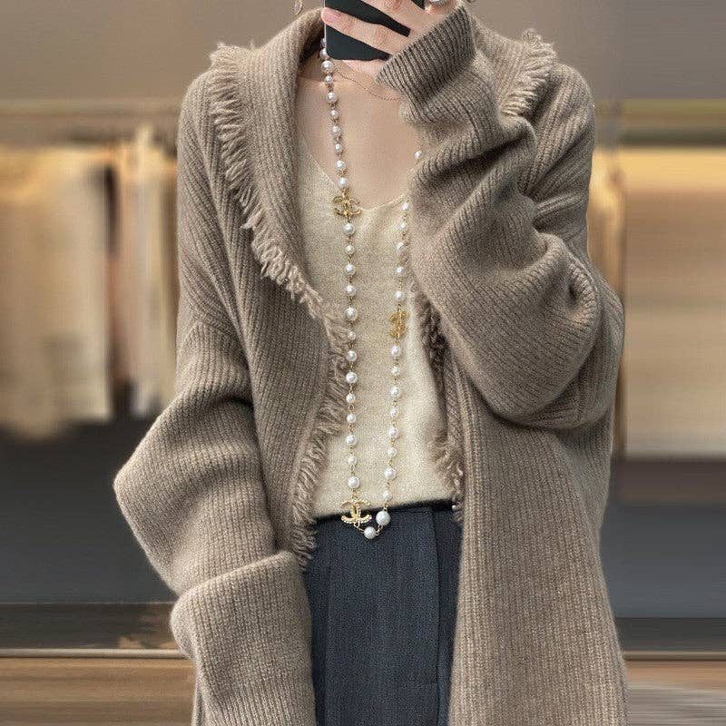 Solid Color Long Sleeves Fringed Knitted Cardigan