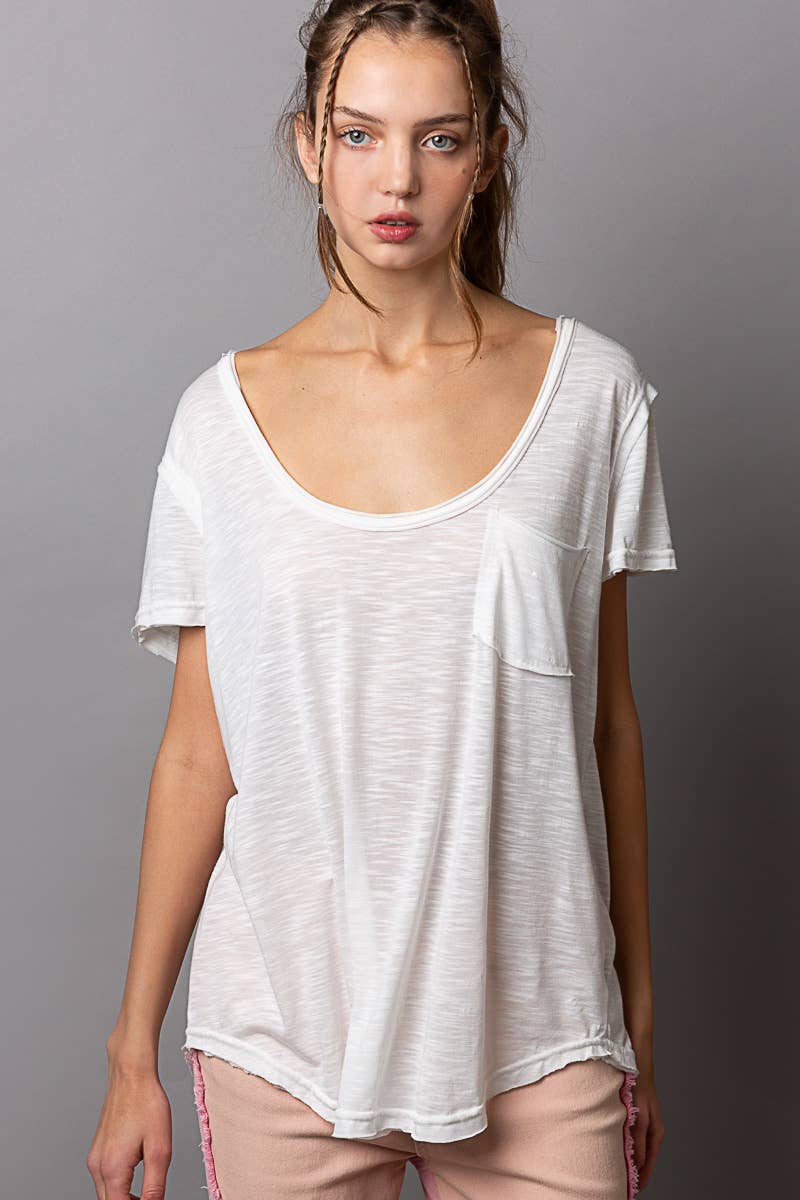 Scoop neck rayon slub pocket front short sleeve tee SALE