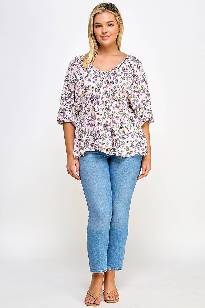 Plus Size Floral Babydoll Ballon Slv Top NK18349-T