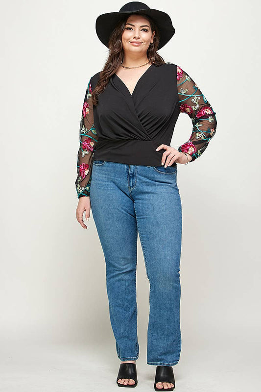 Plus Size Floral Embroidered Sleeve Wrap Top KY17860-4T