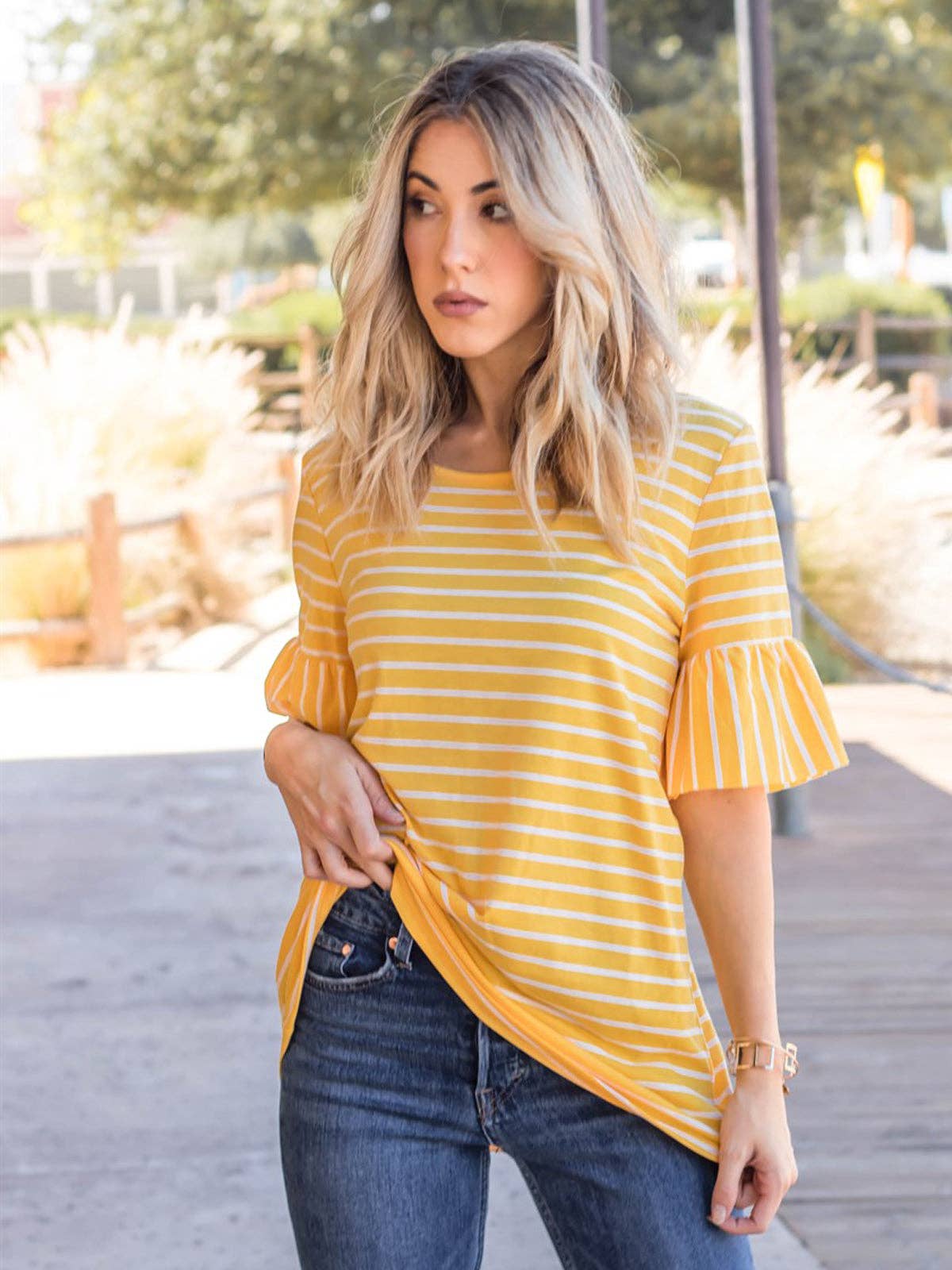 Payton Stripe Flare Sleeve Top | S-3X