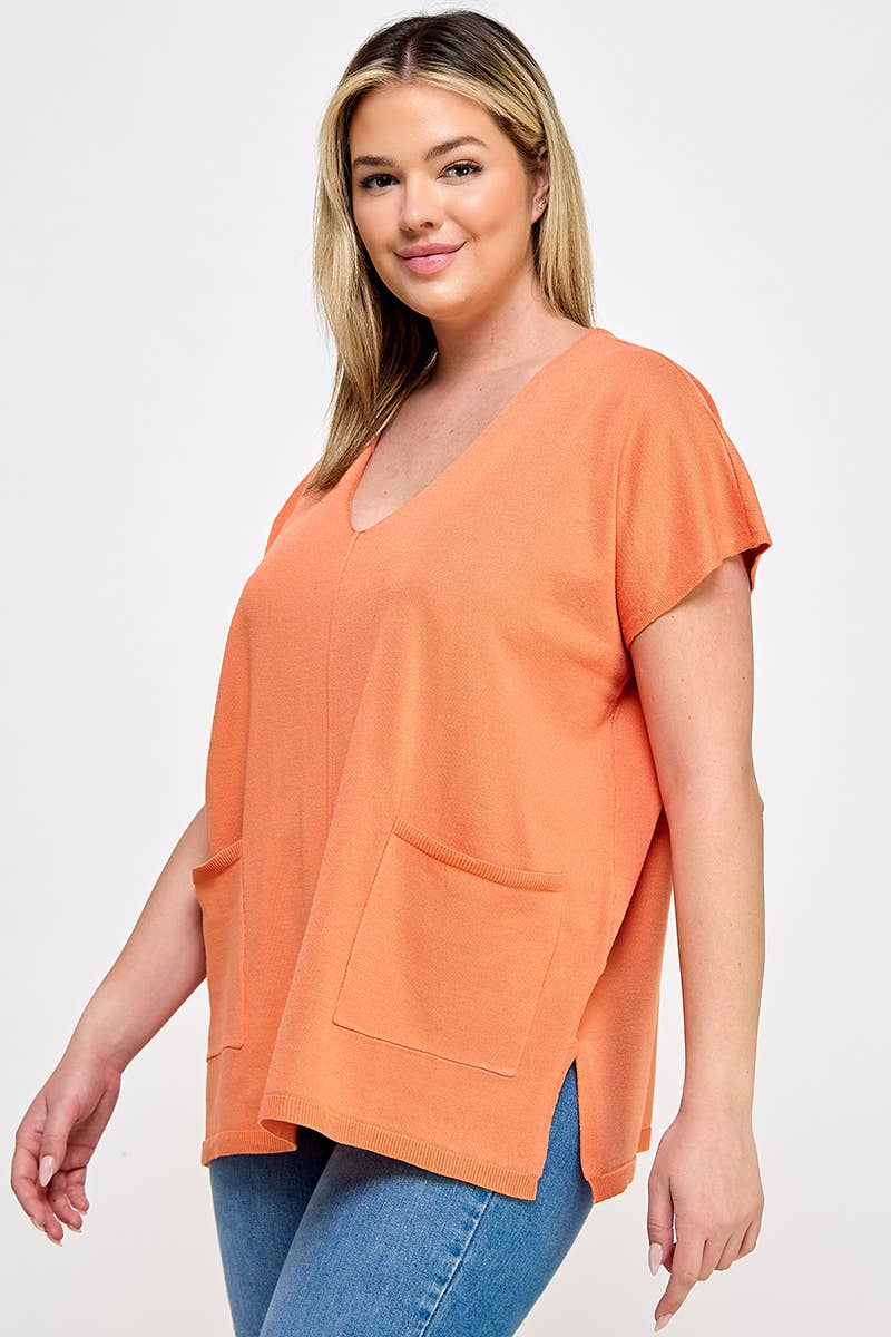 Plus Size Short Sleeve Sweater Knit Top With Pockets CL2473P