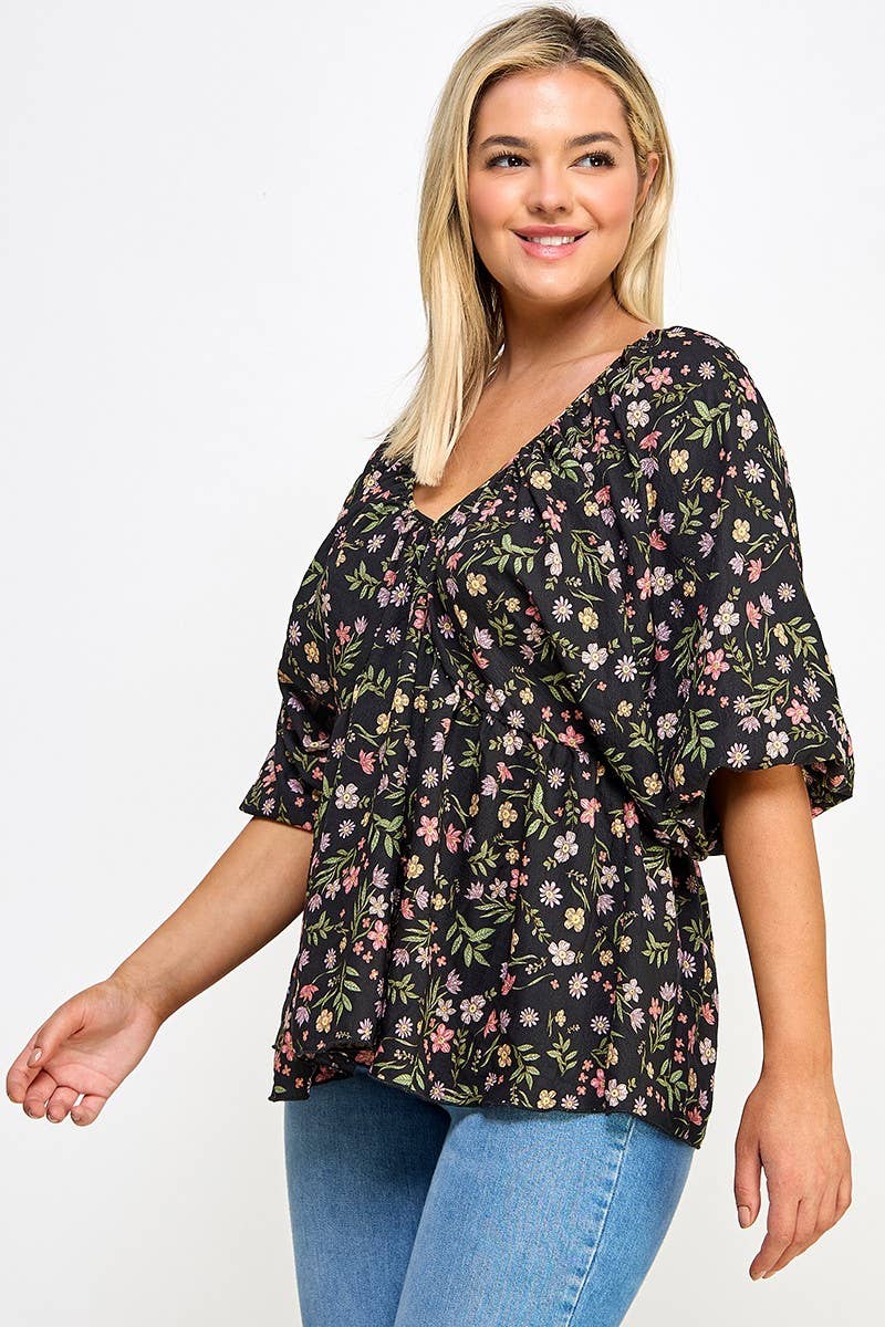 Plus Size Floral Babydoll Ballon Slv Top NK18349-T