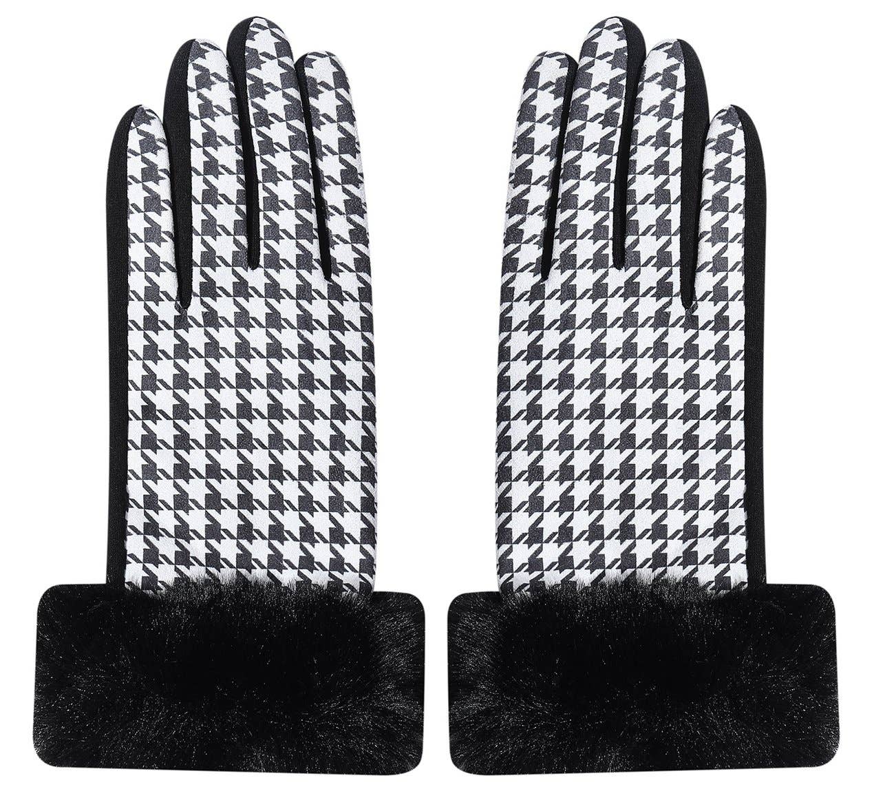 Black - Houndstooth Gloves with Faux Fur