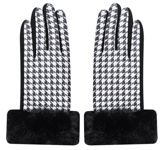 Black - Houndstooth Gloves with Faux Fur