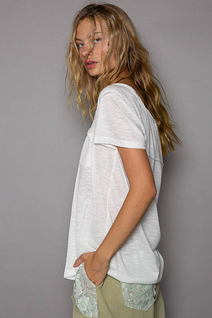 Scoop neck rayon slub pocket front short sleeve tee SALE