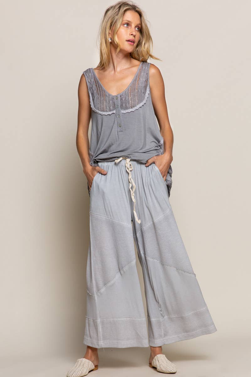 Contrast ribbed elastic waist casual knit culottes pants