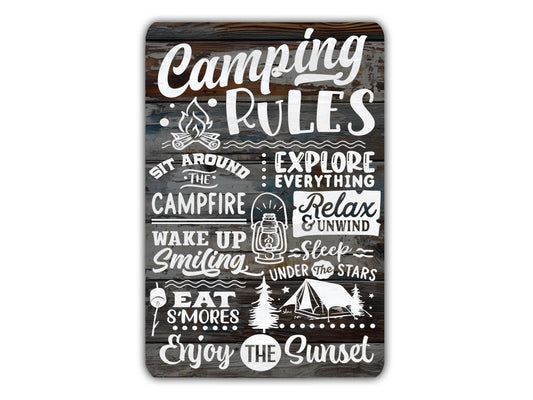 Camping Rules Sign Sit Eat Campfire Sleep Stars Relax Enjoy Sunset Vintage Retro Rustic Patio Home Décor Gift Metal Print Present