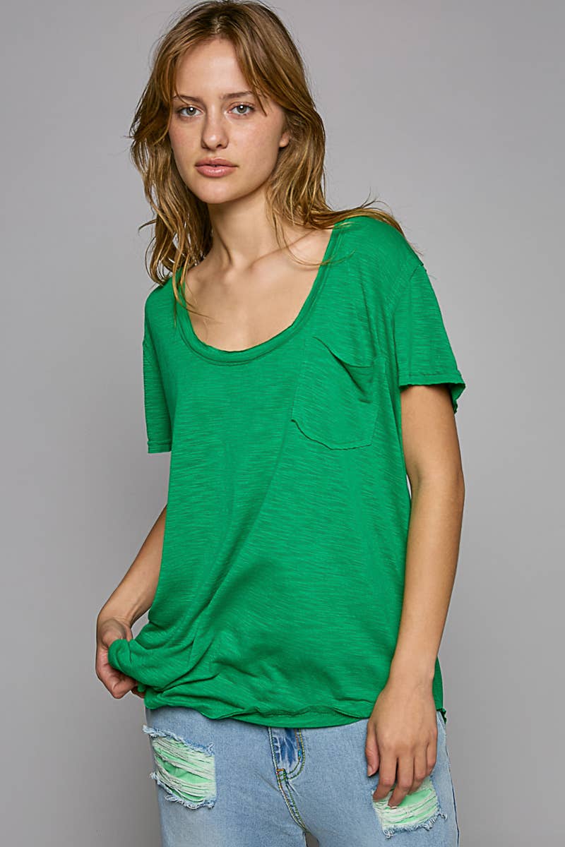 Scoop neck rayon slub pocket front short sleeve tee SALE