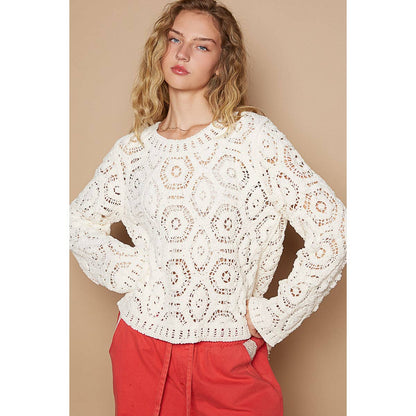 Round neck open knitted crochet solid sweater