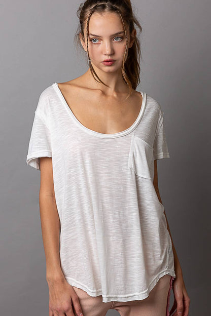 Scoop neck rayon slub pocket front short sleeve tee SALE