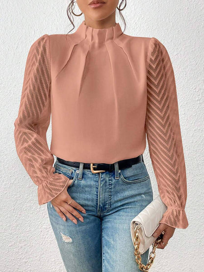 Women's Long Puff Sleeve Mock Neck Wave Chiffon Blouse Tops