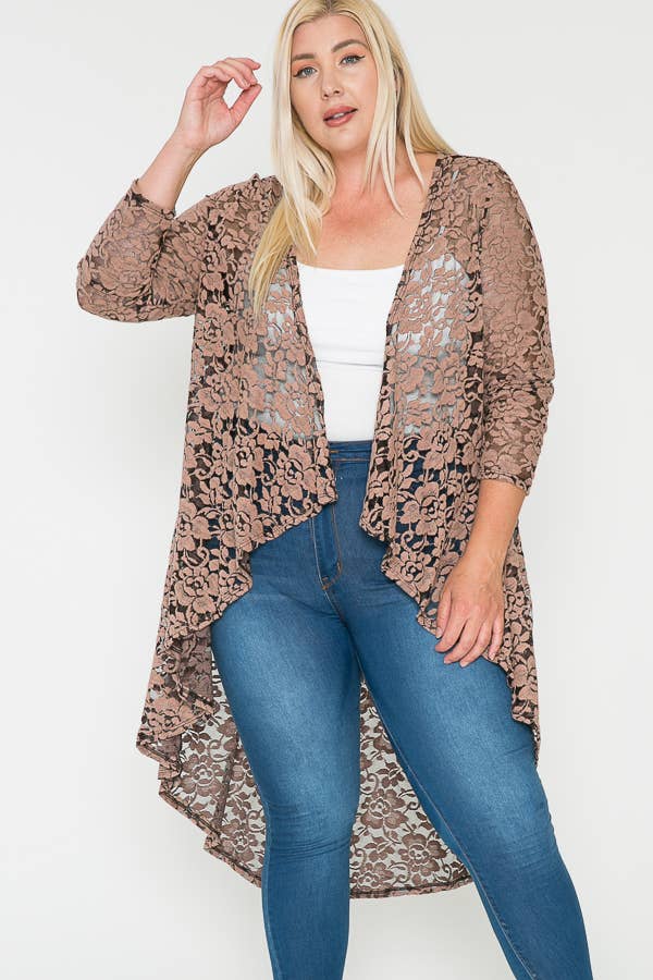 Plus Size Floral Lace Ruffle Long Sleeve Maxi Cardigan