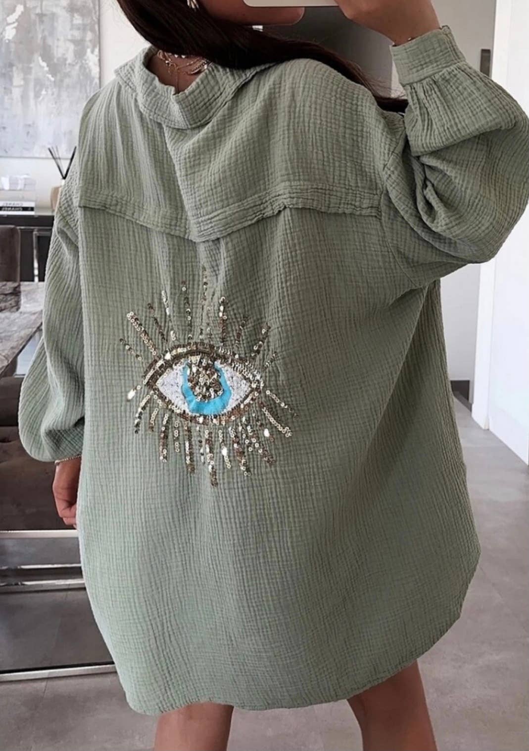 E22 Olive Oversized Evil Eye Gauze Cotton  Button Shirt