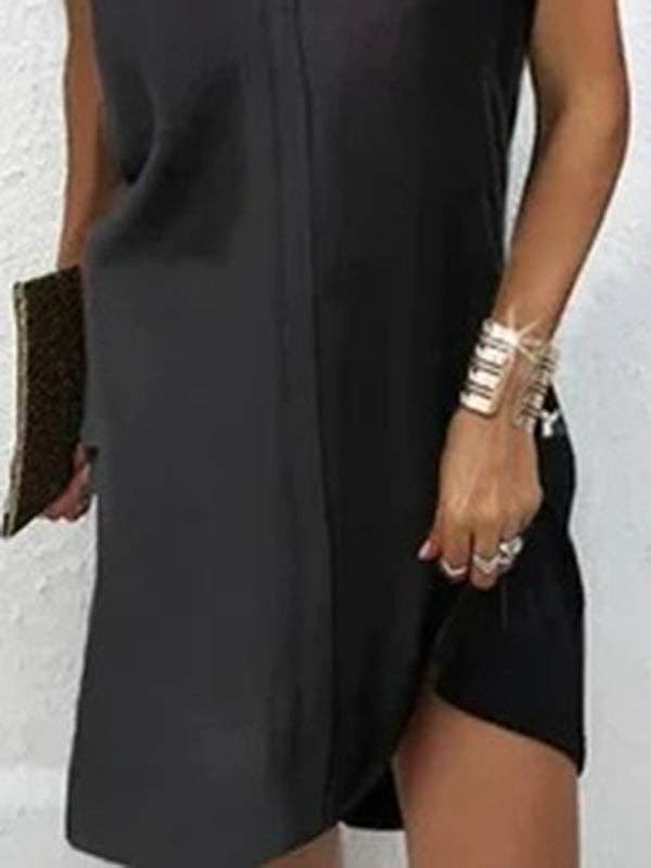 Flowy V-Neck Mini black Dress with Short Sleeves and Side Slit