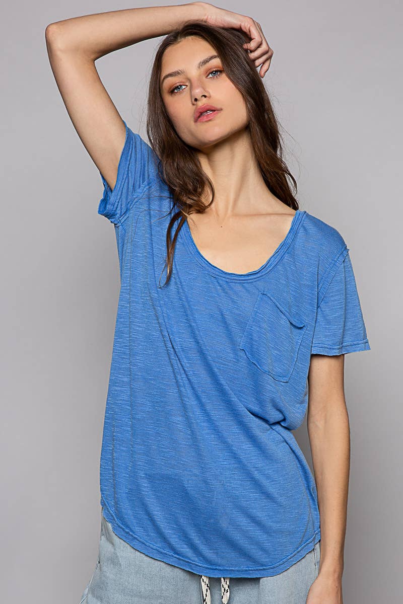 Scoop neck rayon slub pocket front short sleeve tee SALE