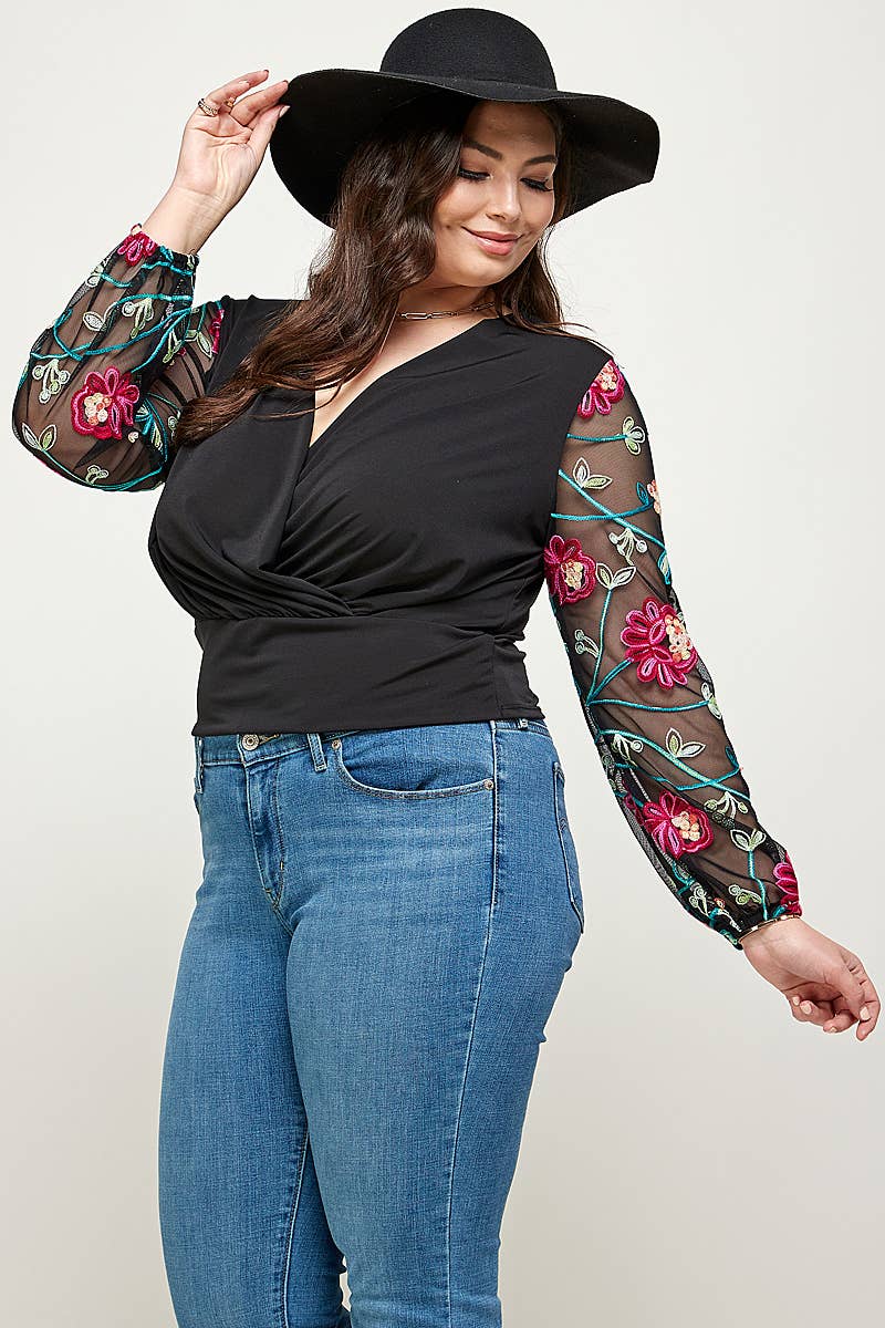 Plus Size Floral Embroidered Sleeve Wrap Top KY17860-4T