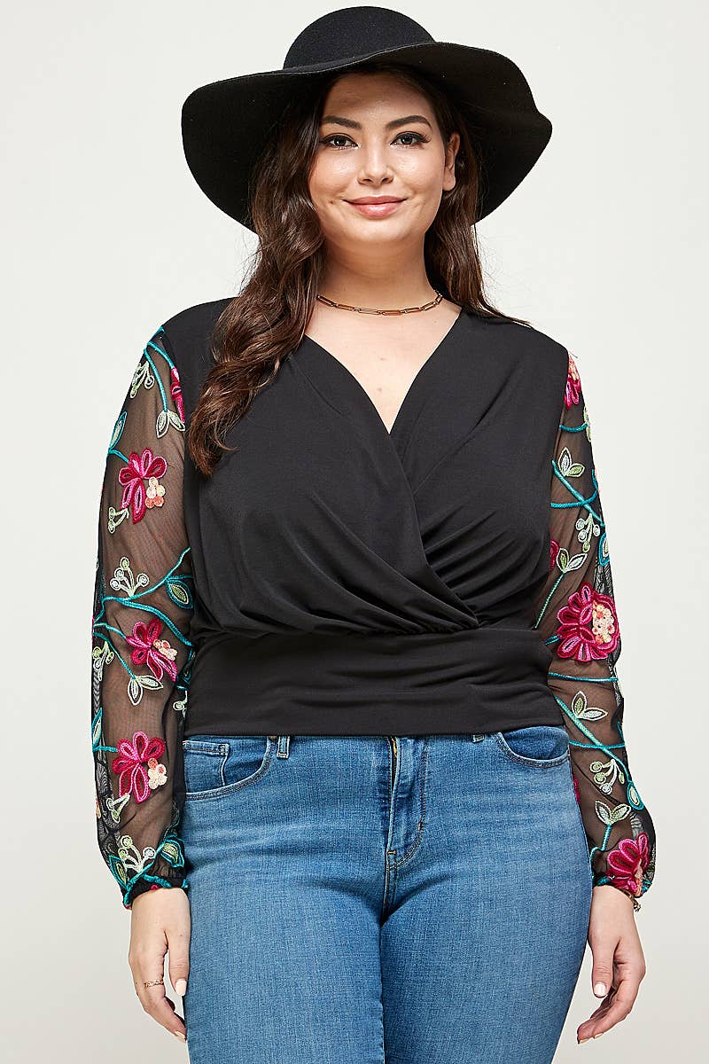 Plus Size Floral Embroidered Sleeve Wrap Top KY17860-4T