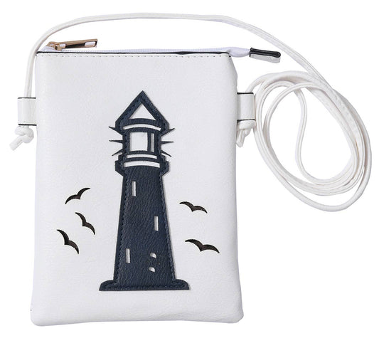 White - Light house laser cut cross body cell phone bag