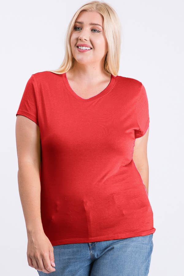 Plus Size V Neck Basic Short Sleeve Solid Tee Cotton Top