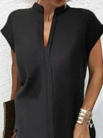 Flowy V-Neck Mini black Dress with Short Sleeves and Side Slit