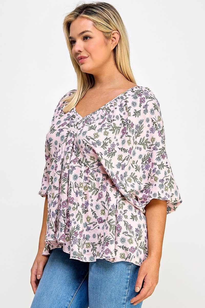 Plus Size Floral Babydoll Ballon Slv Top NK18349-T