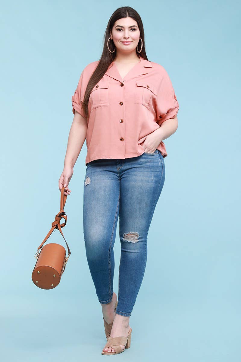 Button Up Shirt Plus Size Top - HB1933P-T Plus Size Clothing