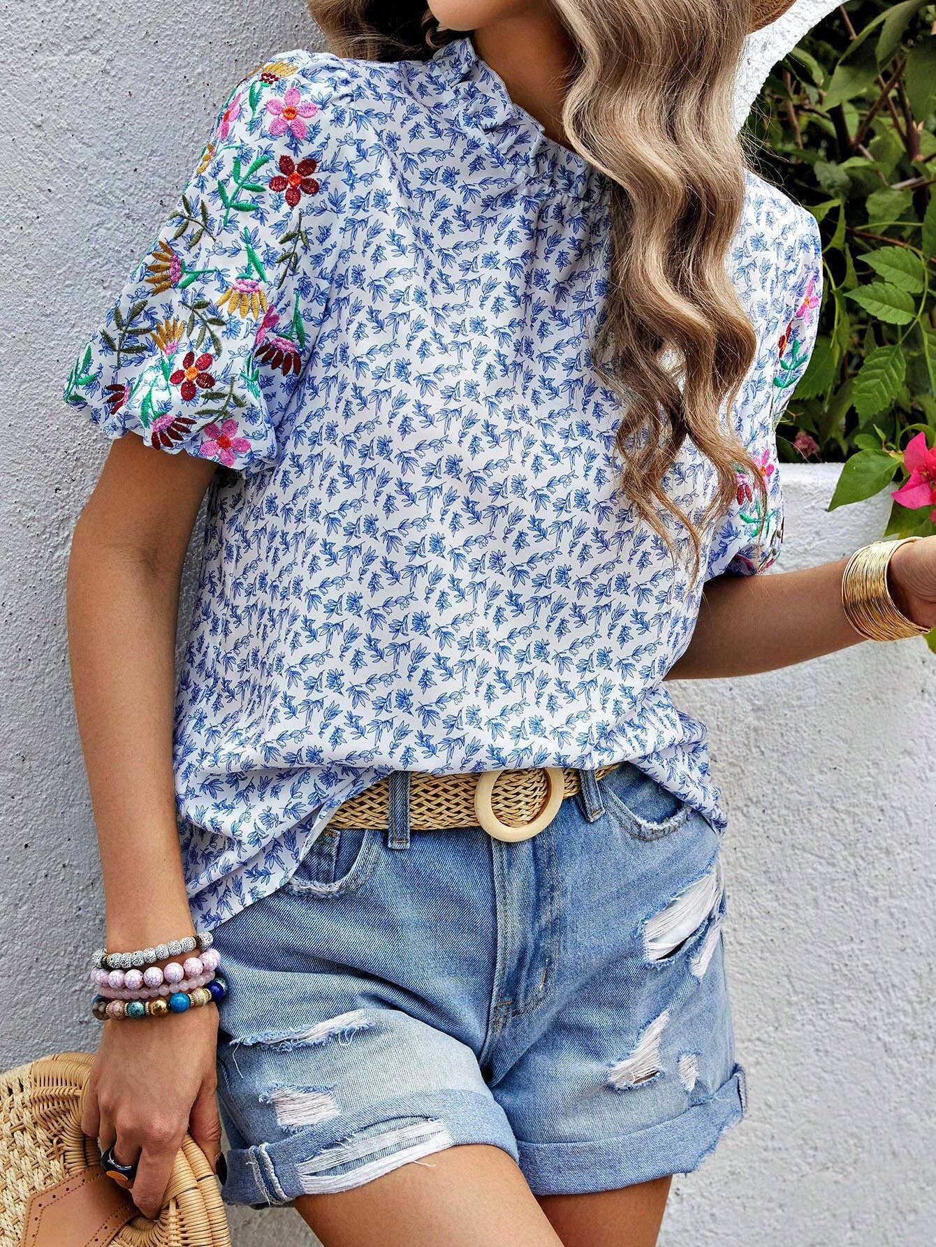 Floral Embroidered Blouses Tops