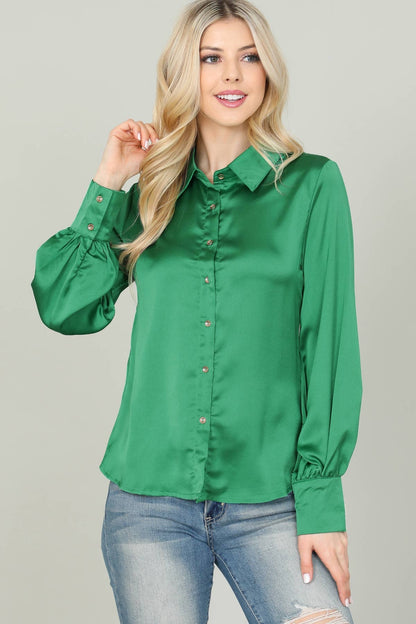 Satin Long Sleeve Button Detail Top Fashion For Women