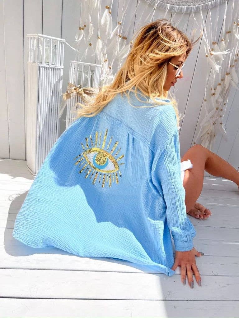 E27 Baby Blue Oversized Evil Eye Gauze Cotton Button Shirt