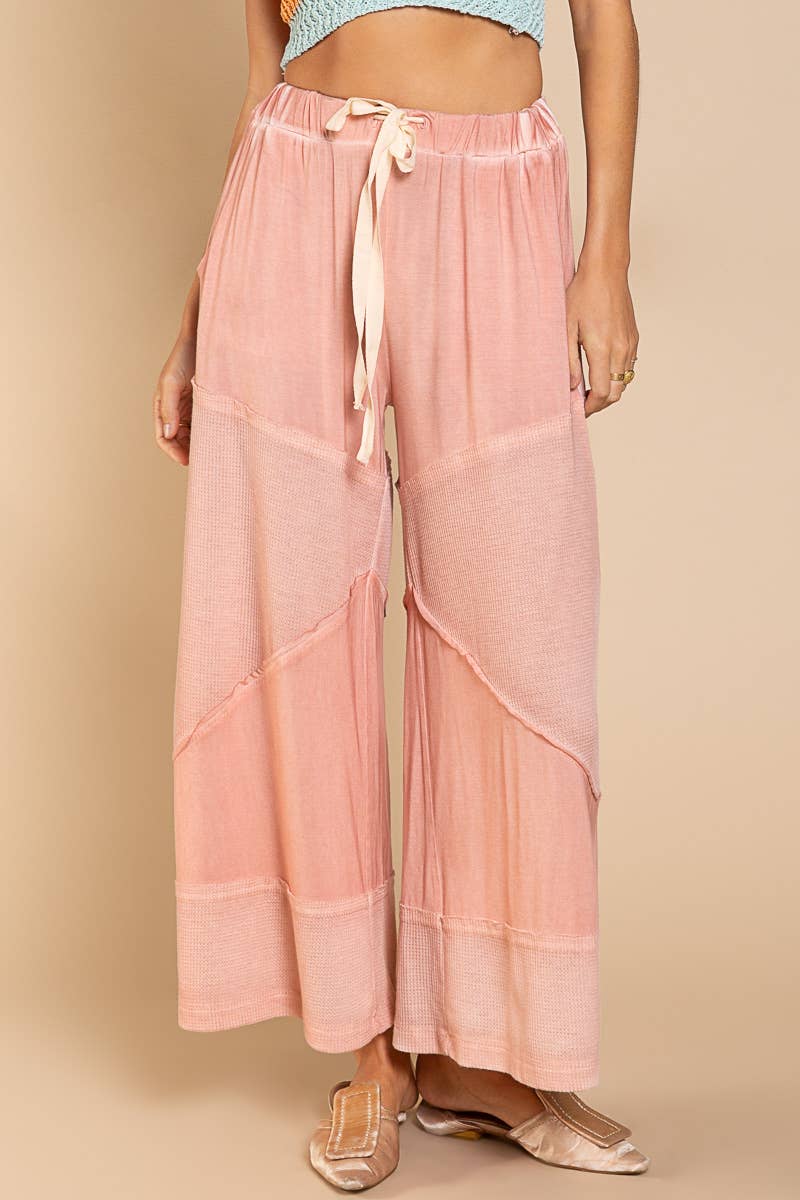 Contrast ribbed elastic waist casual knit culottes pants