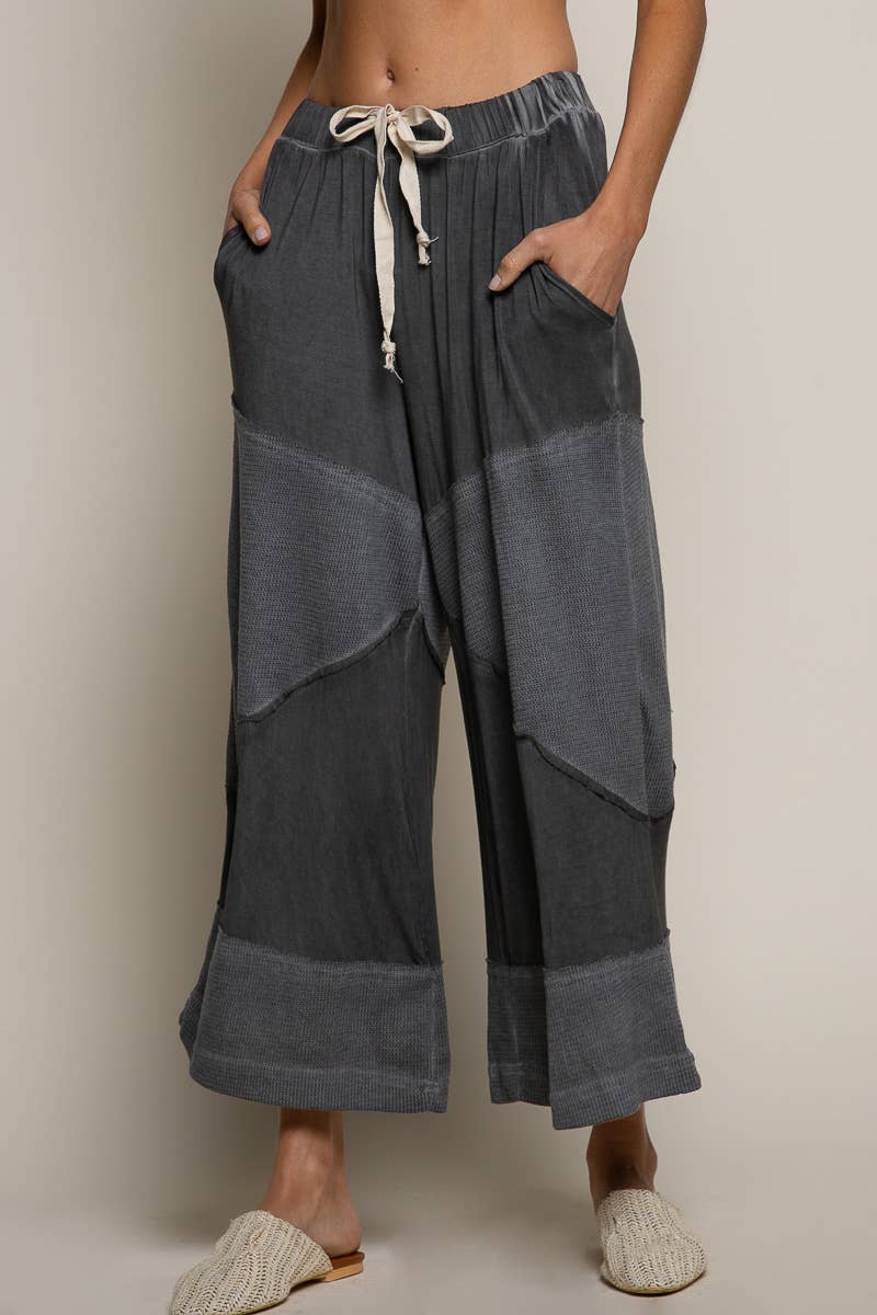 Contrast ribbed elastic waist casual knit culottes pants