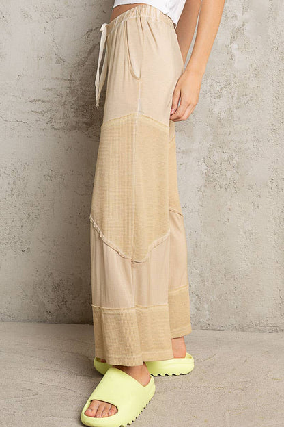 Contrast ribbed elastic waist casual knit culottes pants