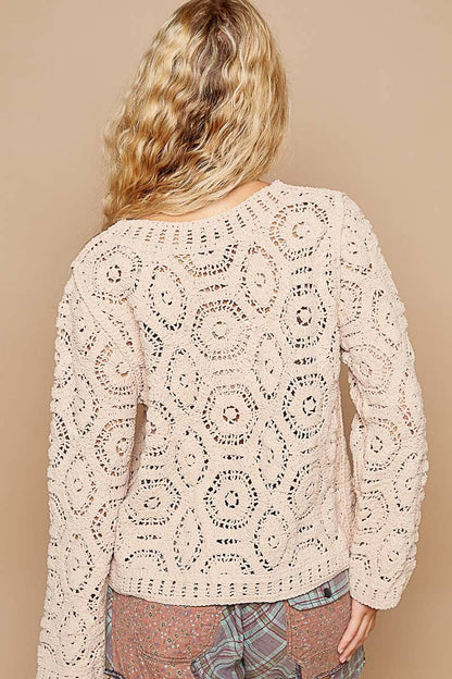 Round neck open knitted crochet solid sweater