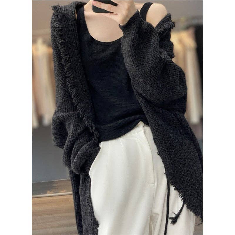 Solid Color Long Sleeves Fringed Knitted Cardigan