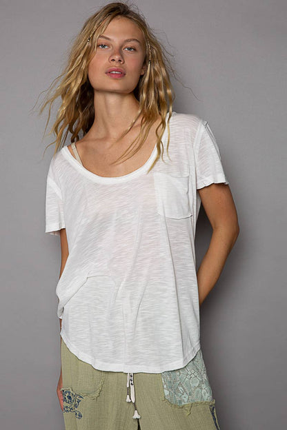 Scoop neck rayon slub pocket front short sleeve tee SALE