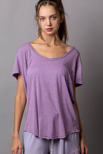 Scoop neck rayon slub pocket front short sleeve tee SALE