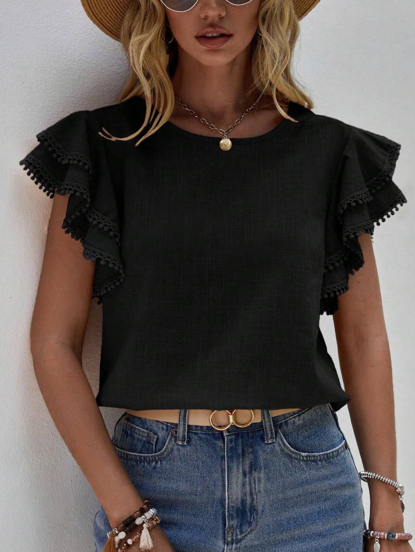 Round Neck Loose Ruffle Short Sleeved Top For Women