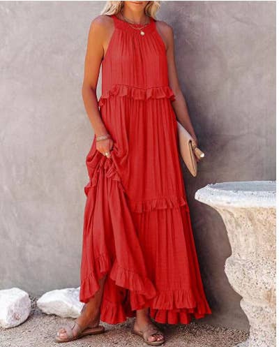 Ladies Bohemia Round Neck Plicated Daily Maxi Dress SKD23119