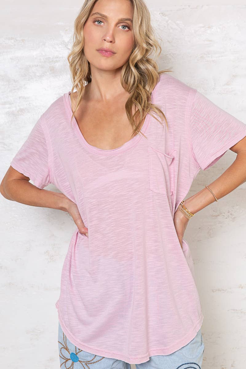 Scoop neck rayon slub pocket front short sleeve tee SALE