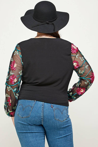 Plus Size Floral Embroidered Sleeve Wrap Top KY17860-4T