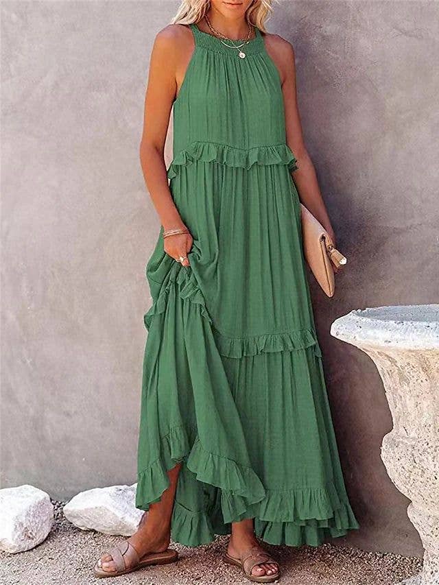 Ladies Bohemia Round Neck Plicated Daily Maxi Dress SKD23119